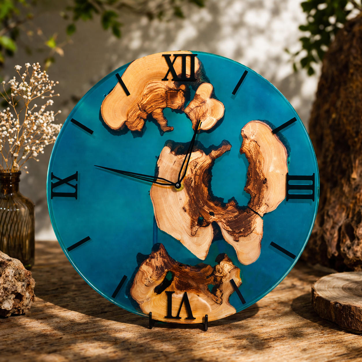 Azurholz – Ocean Spirit -Eine elegante Wanduhr aus Olivenholz und tiefblauem Epoxidharz