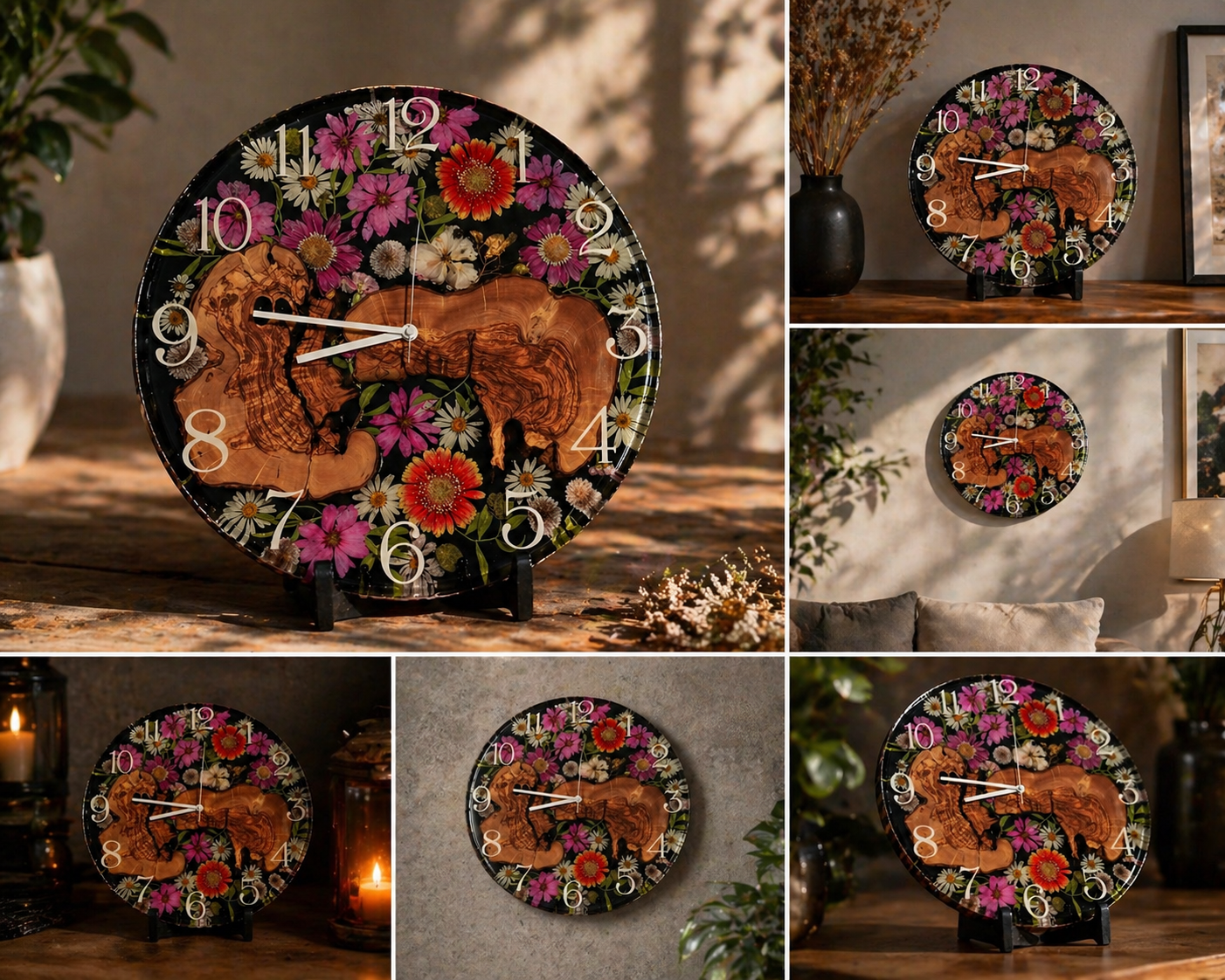 Flora Moment - Handgefertigte Wanduhr aus Olivenholz mit echten Blumen