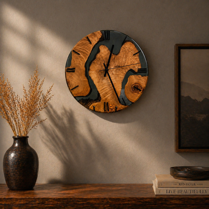 Fluss der Zeit - Wanduhr aus Olivenholz und Epoxidharz