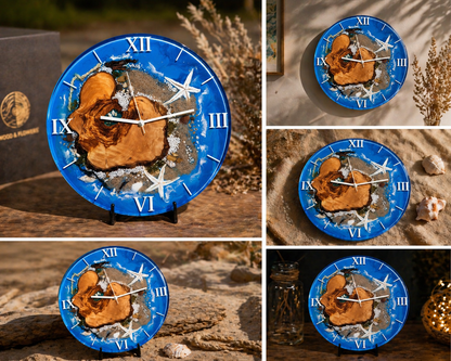 🌊 Ocean Heart – Handgefertigte Wanduhr aus Olivenholz & Epoxidharz