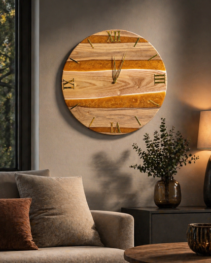 Golden Horizon
 – Handgefertigte Wanduhr aus Olivenholz & Epoxidharz