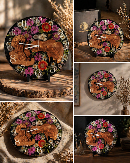 Flora Moment - Handgefertigte Wanduhr aus Olivenholz mit echten Blumen