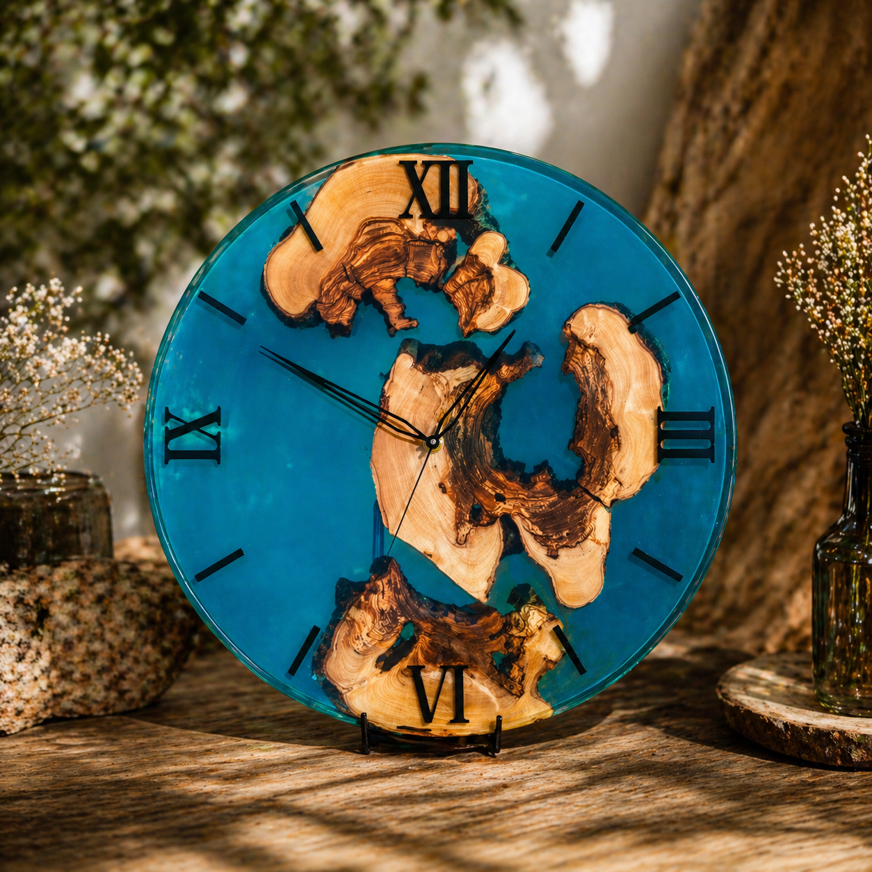 Azurholz – Ocean Spirit -Eine elegante Wanduhr aus Olivenholz und tiefblauem Epoxidharz