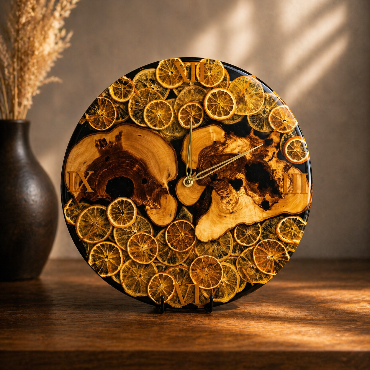 🍊 Golden Citrus – Handgefertigte Wanduhr aus Olivenholz & Epoxidharz