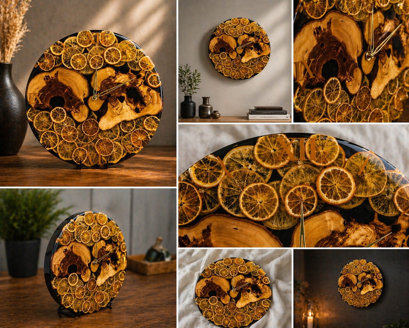🍊 Golden Citrus – Handgefertigte Wanduhr aus Olivenholz & Epoxidharz
